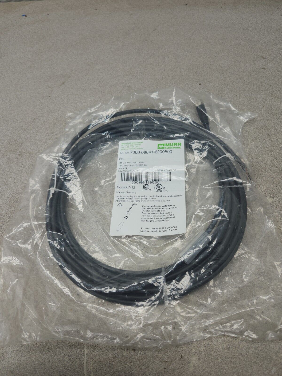 NEW IN BAG LOT OF 5 MURR ELECTRONIK CONNECTOR CABLE M8 FEMALE 7000-08041-6200500