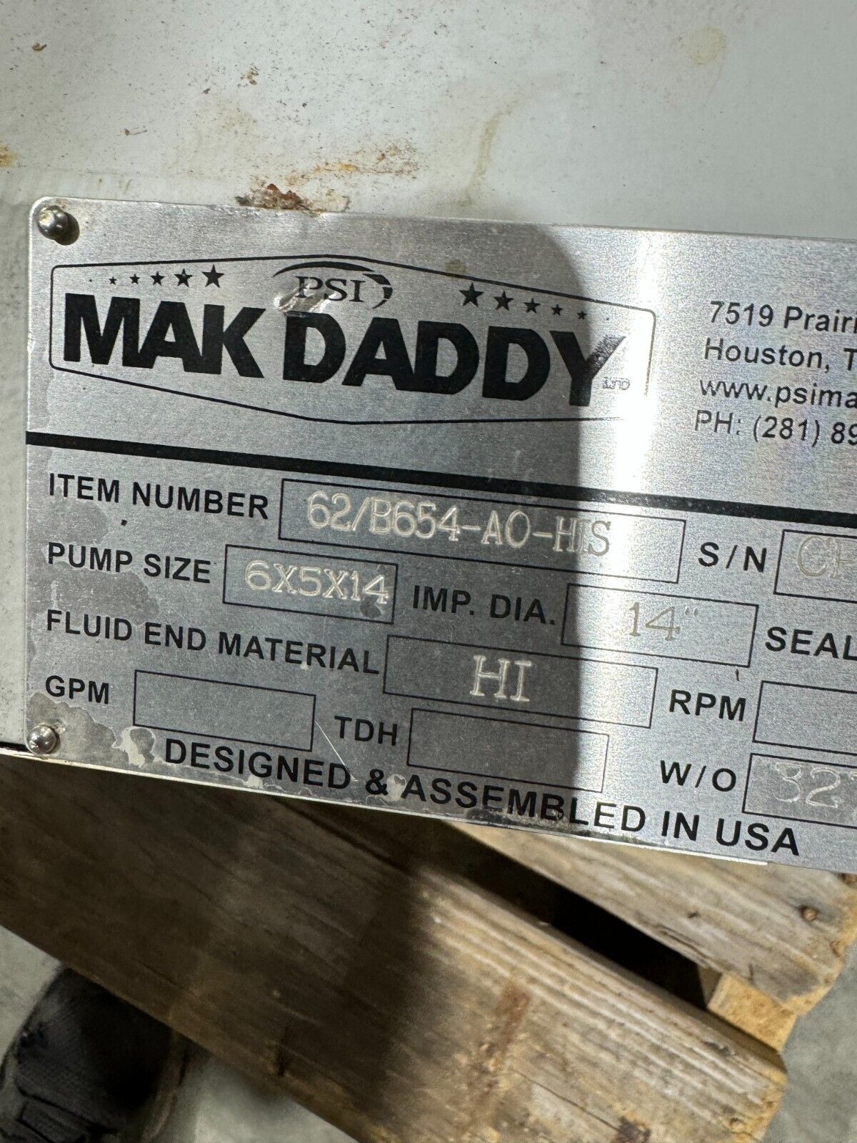 NEW MAK DADDY 6X5X14 PUMP IMP. DIA. 14" MATERIAL HI ITEM 62/B654-A0-HIS PUMP