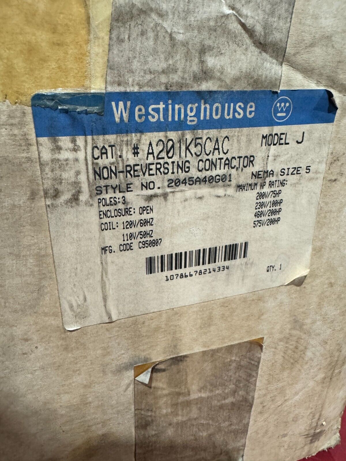 NEW IN BOX WESTINGHOUSE SIZE 5 MODEL J CONTACTOR 110/120V. COIL A201K5CAC