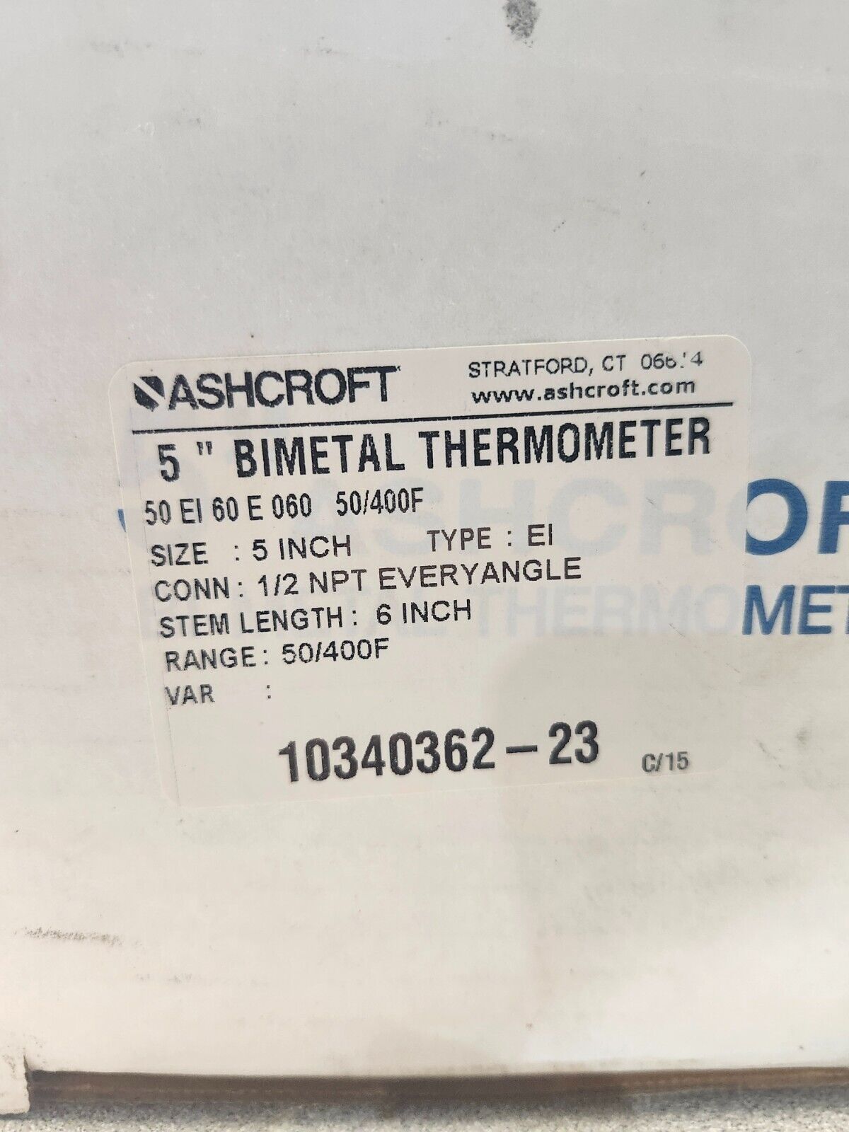 NEW IN BOX ASHCROFT 5" BIMETAL THERMOMETER 50EI60E060 50/400F