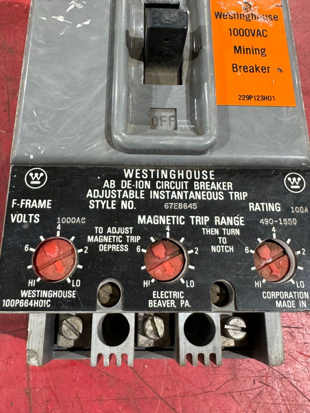 USED WESTINGHOUSE 1000VAC. MINING BREAKER 100AMP 229P123H01 STYLE 67E8645