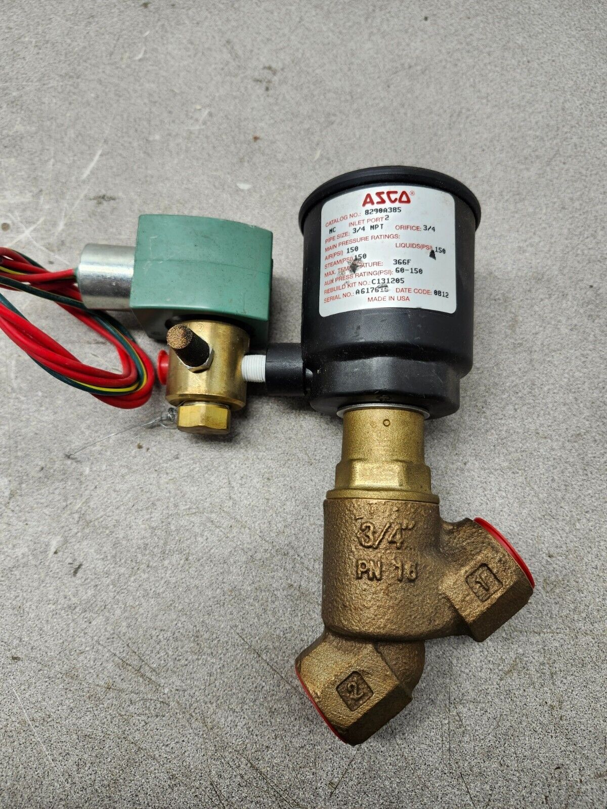 NEW NO BOX ASCO Angle Body Valve, 3/4" 8290A385 W/ ASCO Solenoid Valve 8320G132