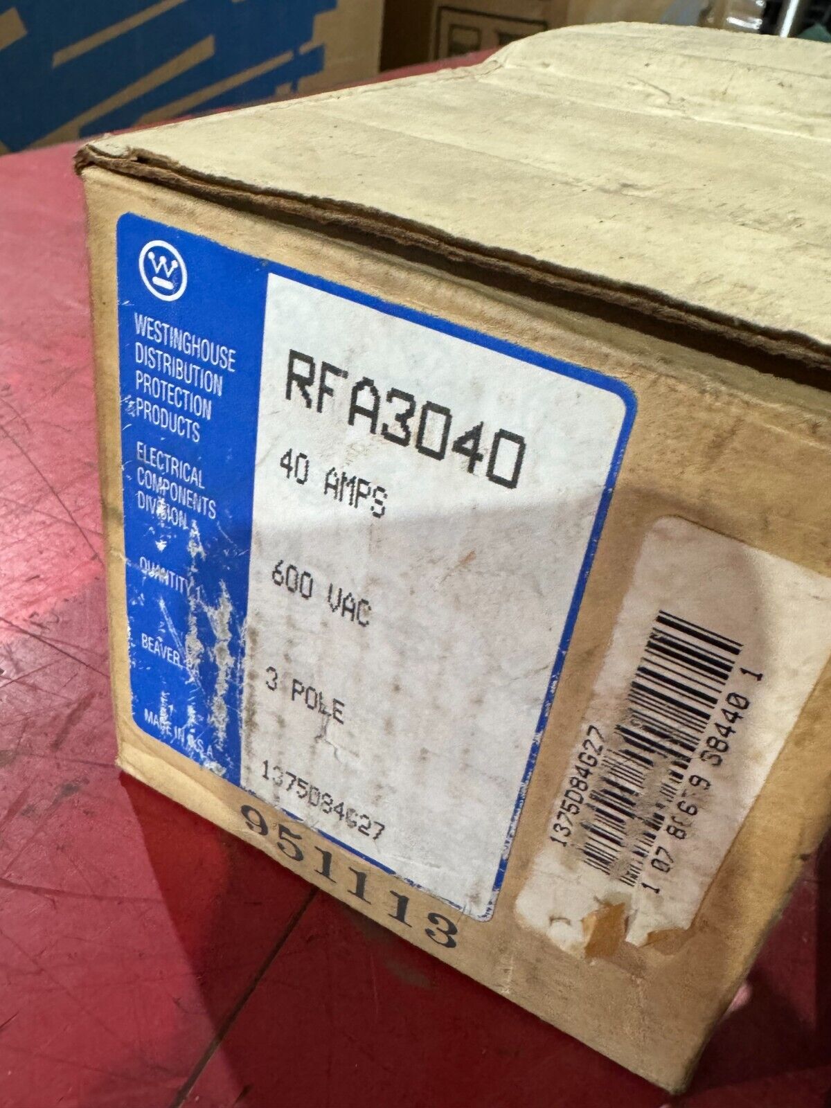 NEW IN BOX WESTINGHOUSE 3 POLE 600VAC. 40AMP CIRCUIT BREAKER RFA3040