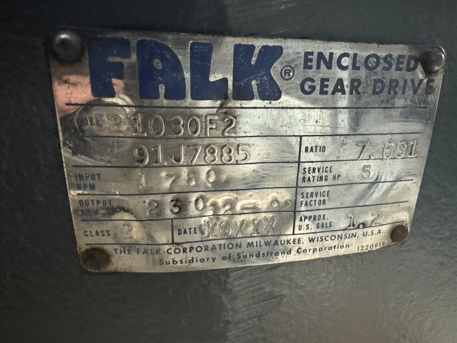 USED FALK ENCLOSED GEAR DRIVE SPEED REDUCER 7.691 RATIO 1030F2 WITH MOTOR MOUNT