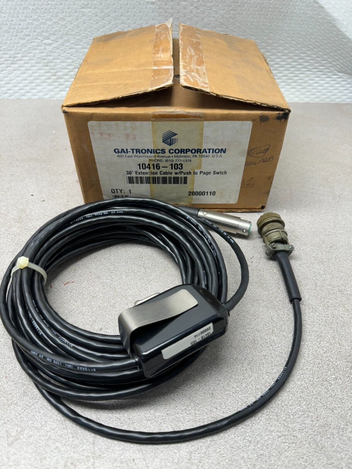 NEW GAI-TRONICS 30' EXTENSION CABLE W/ PUSH TO PAGE SWITCH 10416-103