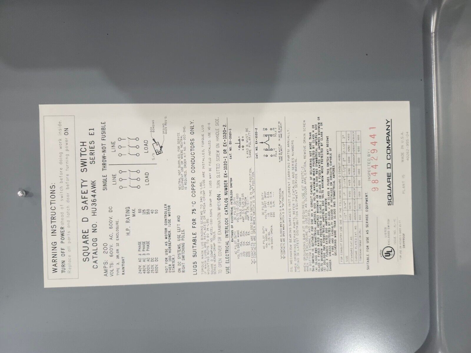 NEW Square D Safety Switch 200 Amp 600 Vac HU364AWK