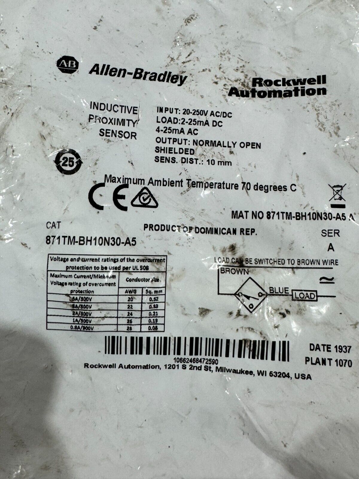 NEW IN PACKAGE ALLEN BRADLEY PROXIMITY SENSOR 871TM-BH10N30-A5