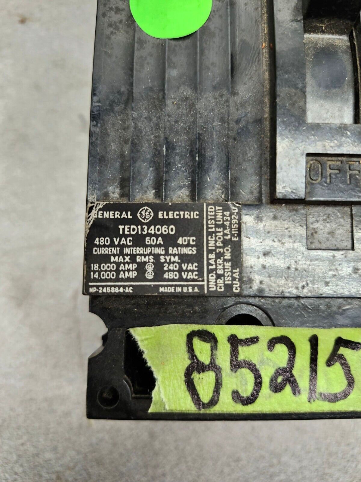 USED GENERAL ELECTRIC CIRCUIT BREAKER TED134060