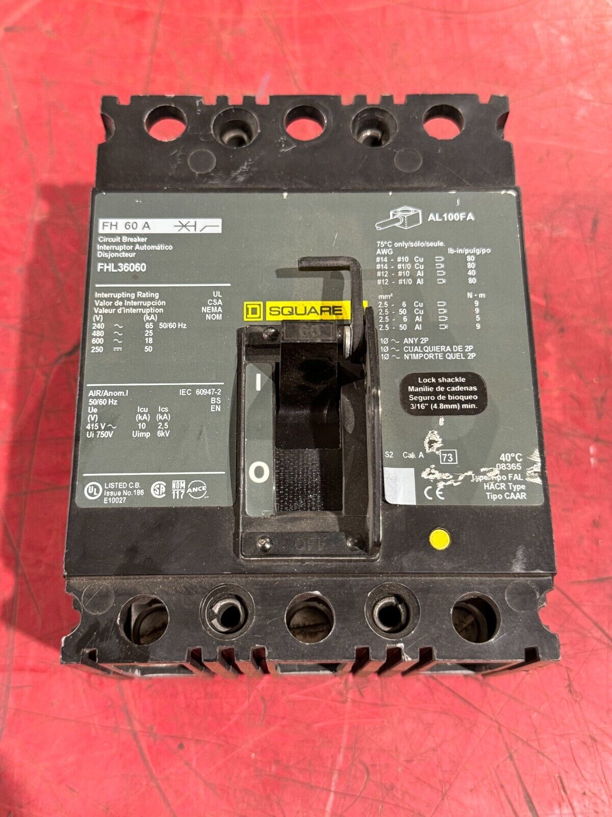 USED SQUARE D 3 POLE 60AMP CIRCUIT BREAKER FHL36060