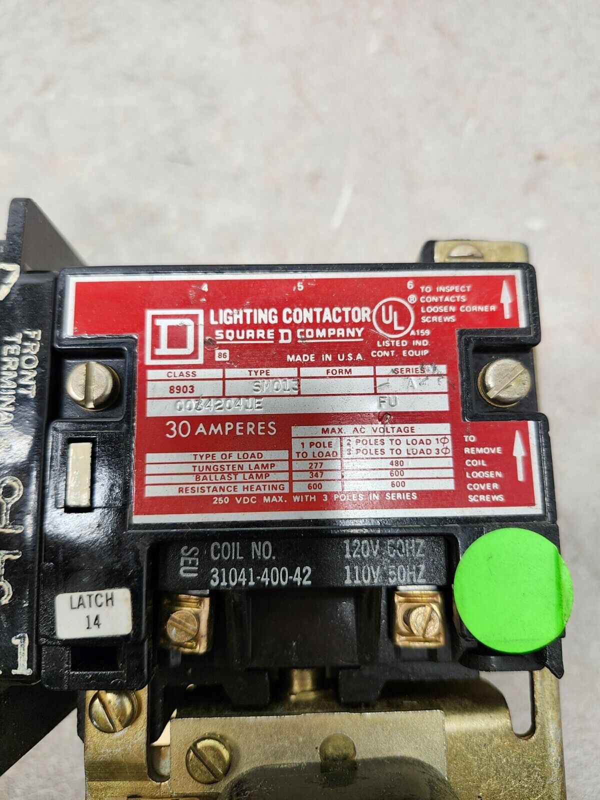 USED SQUARE D LIGHTING CONTACTOR CLASS 8903 SER A TYPE SM013 00342041E