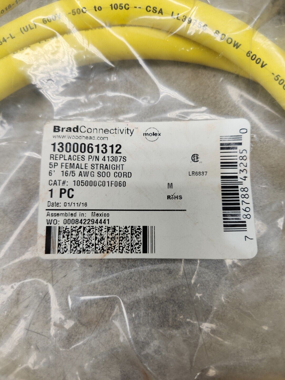 NEW IN PACKAGE BRAD CONNECTIVITY 5P FEMALE STRAIGHT CORD 1300061312