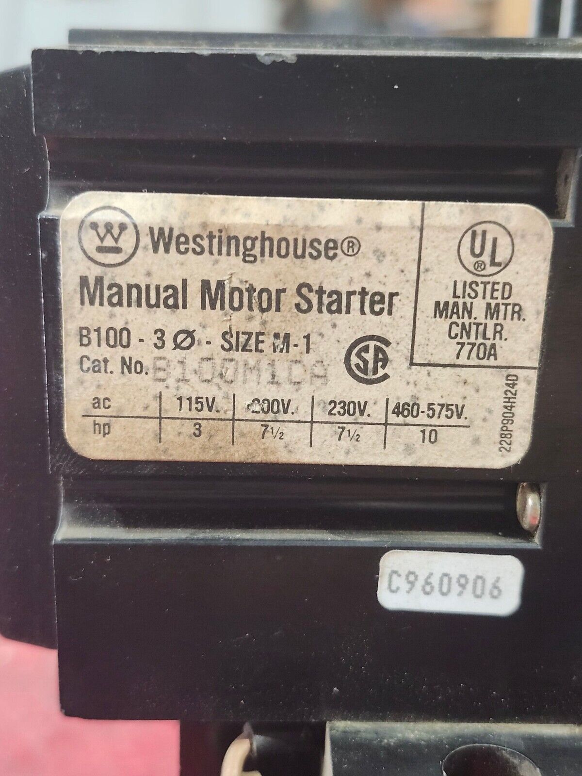 USED WESTINGHOUSE SIZE 1 MANUAL MOTOR STARTER B100M1CA