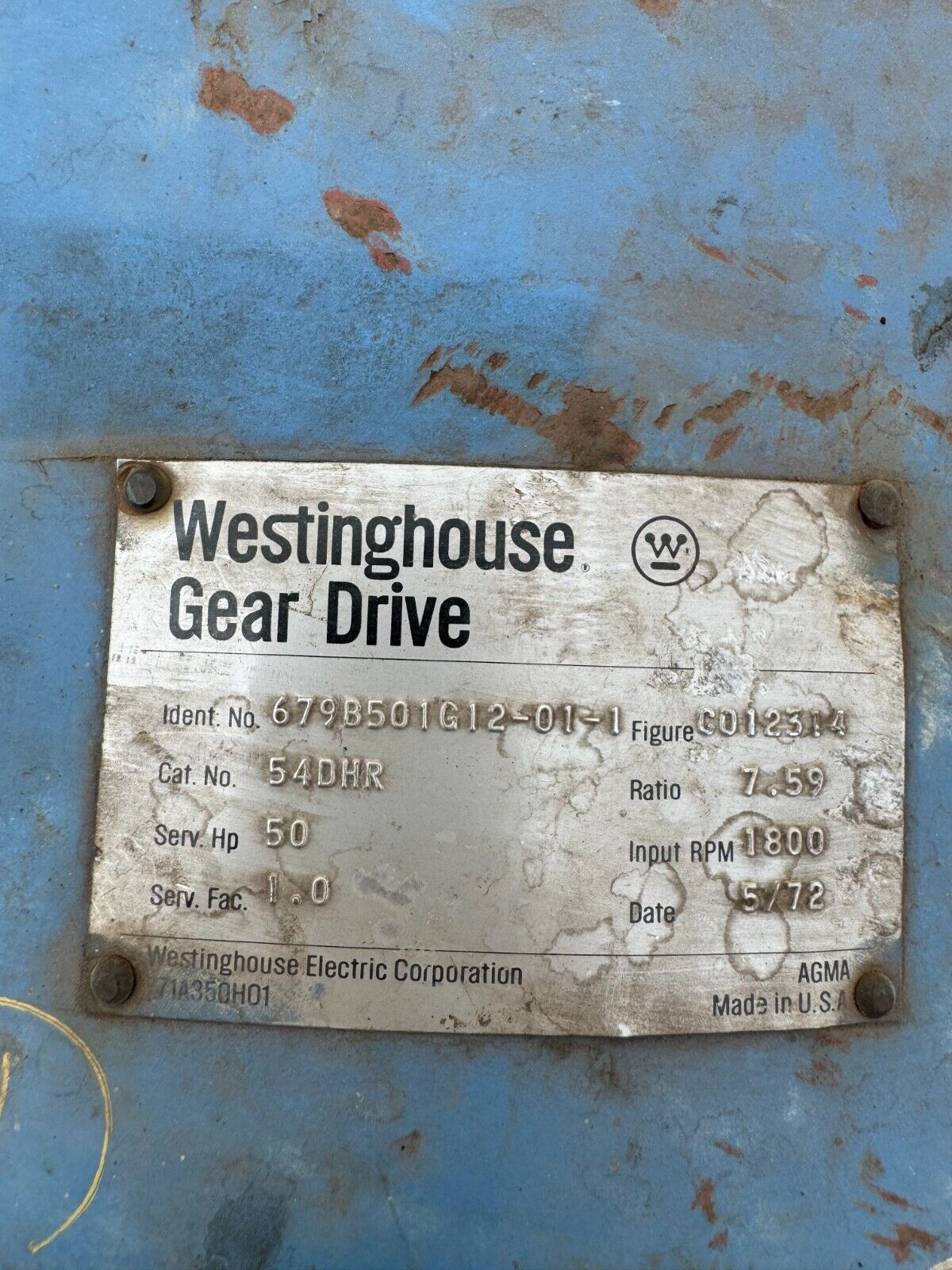 UNUSED WESTINGHOUSE 54DHR GEAR DRIVE SPEED REDUCER 7.59 RATIO 679B501G12-01-1