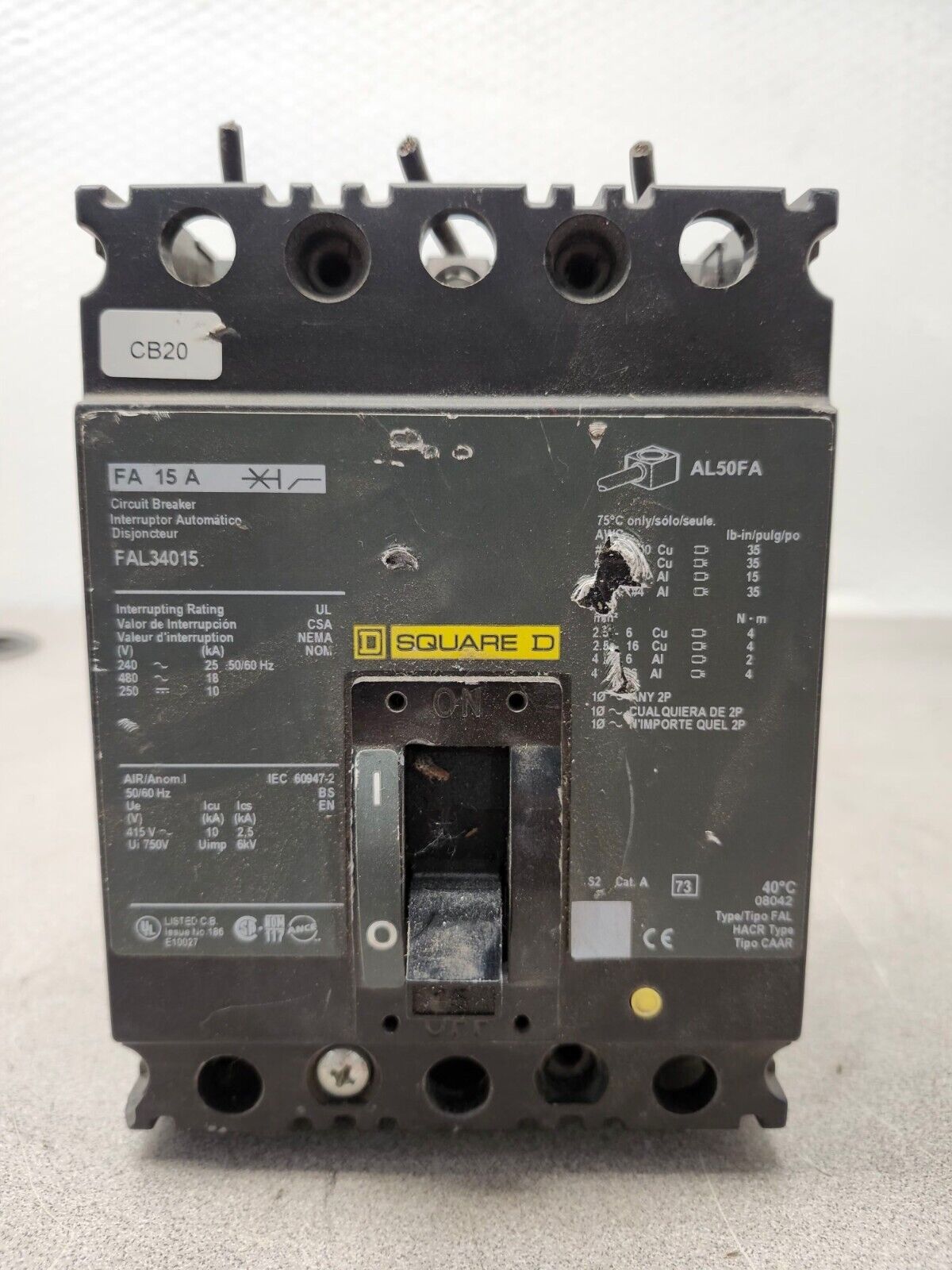 USED NO BOX Square D Circuit Breaker 15amp 480v FAL34015