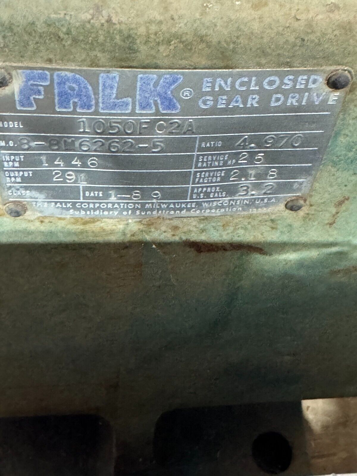 USED FALK ENCLOSED GEAR DRIVE SPEED REDUCER 4.970 RATIO 1050FC2A