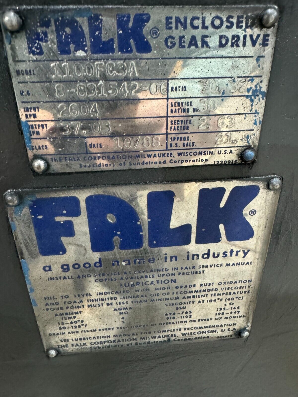 USED FALK ENCLOSED GEAR DRIVE SPEED REDUCER 70.32 RATIO 1100FC3A