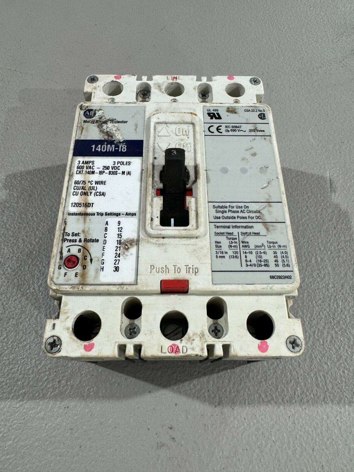 USED ALLEN-BRADLEY 3 POLE 3AMP CIRCUIT BREAKER 140M-I8P-B30S-M