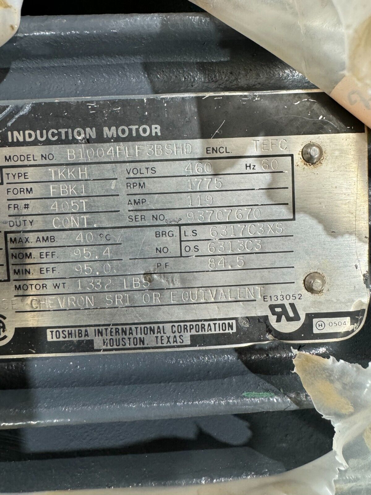 REBUILT TOSHIBA 100HP 1775 RPM INDUCTION MOTOR 405T FRAME 460V. B1004FLF3BSHD