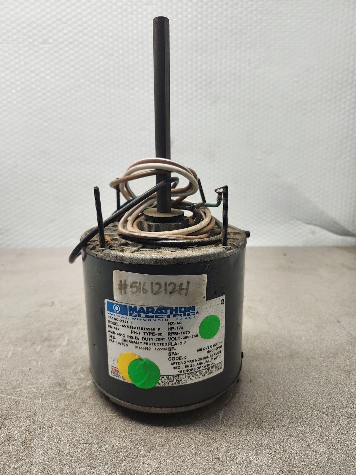 USED Marathon Condenser Fan Motor 60HZ 1/2HP 208-230VOLTS X221 AWN48A1101526D