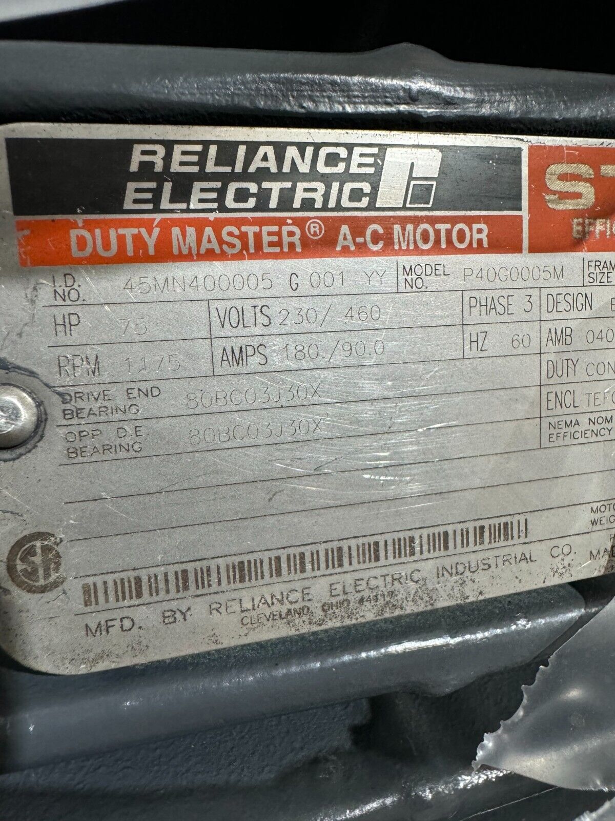 REBUILT RELIANCE DUTY-MASTER 75HP 1175RPM MOTOR 405T FRAME 230/460V. 45MN400005