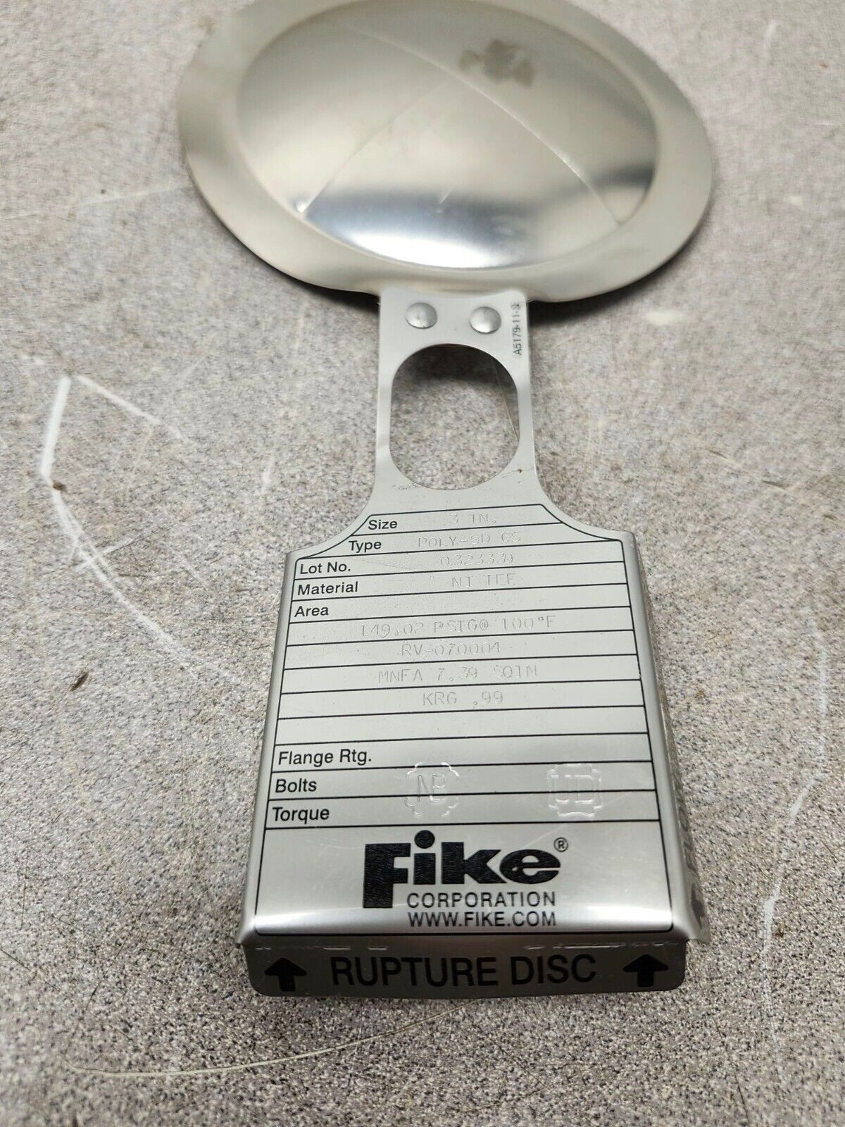 NEW NO BOX FIKE RUPTURE DISC MNFA 7.39 SQINKRG.99 3" TYPE POLY-SD CS