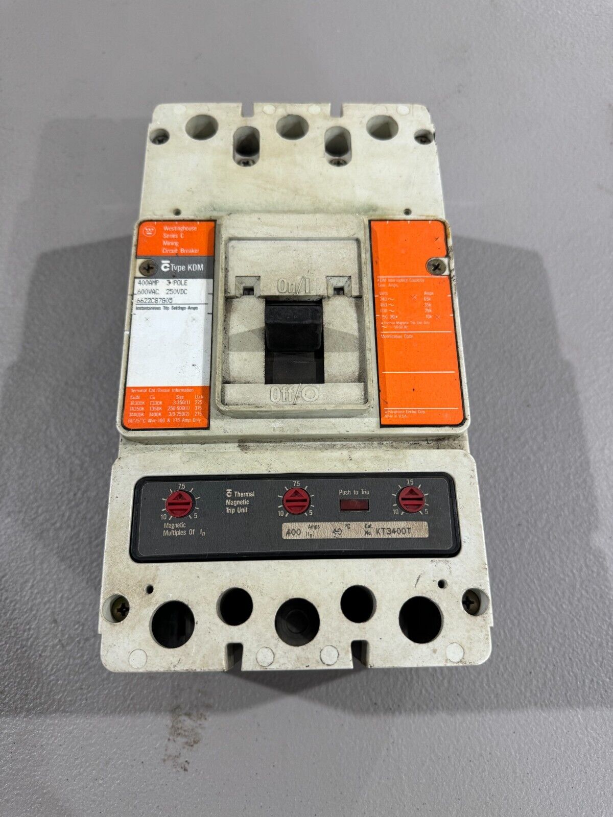 USED WESTINGHOUSE 3 POLE 400AMP MINING CIRCUIT BREAKER 6622C87G05