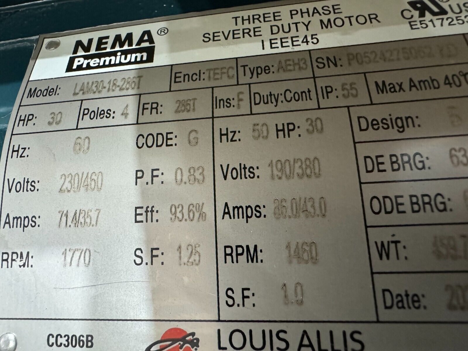 NEW WORLDWIDE LOUIS ALLIS 30HP 1770RPM MOTOR 286T FRAME 230/460V. LAM30-18-286T