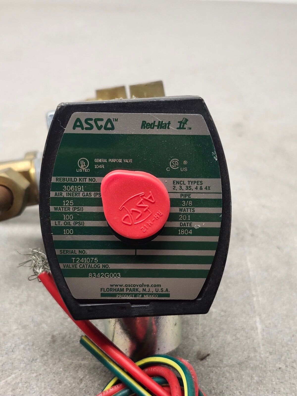 USED ASCO RED HAT SOLENOID VALVE 3/8" PIPE 120V. COIL 8342G003