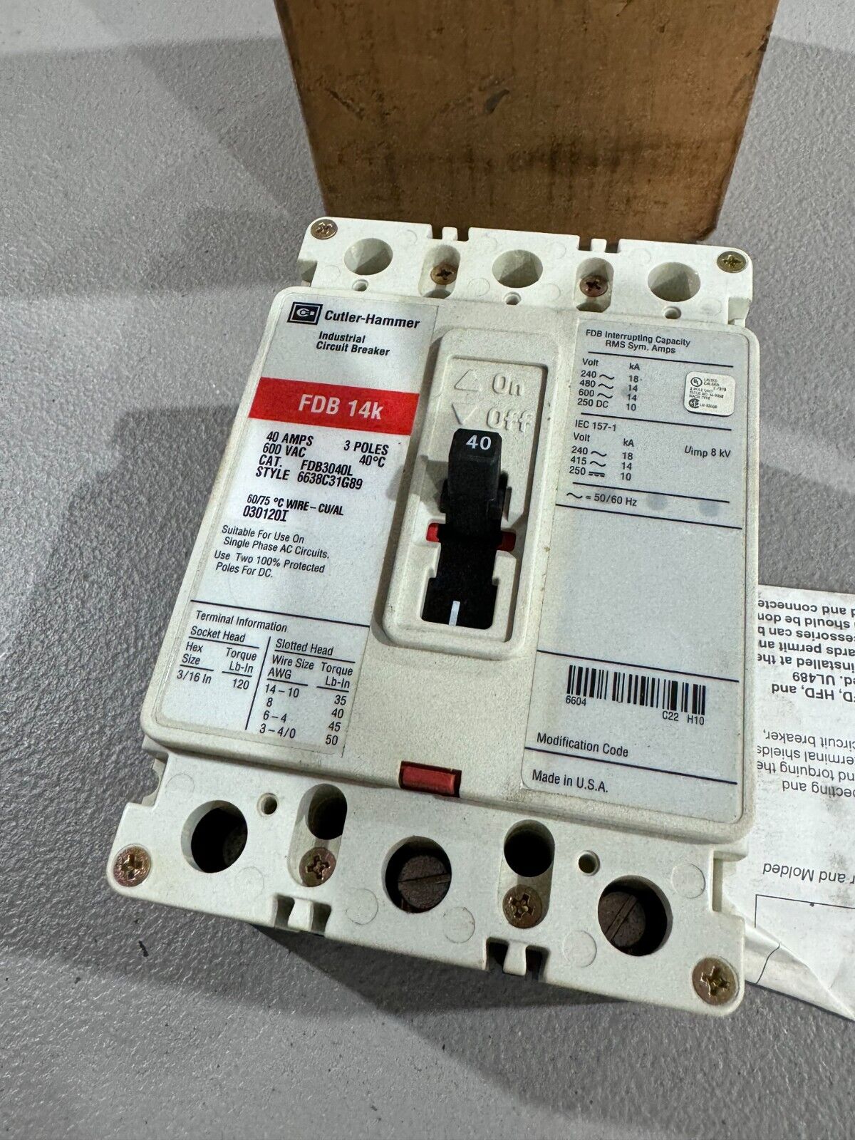 NEW IN BOX CUTLER-HAMMER 3 POLE 40AMP CIRCUIT BREAKER FDB3040L