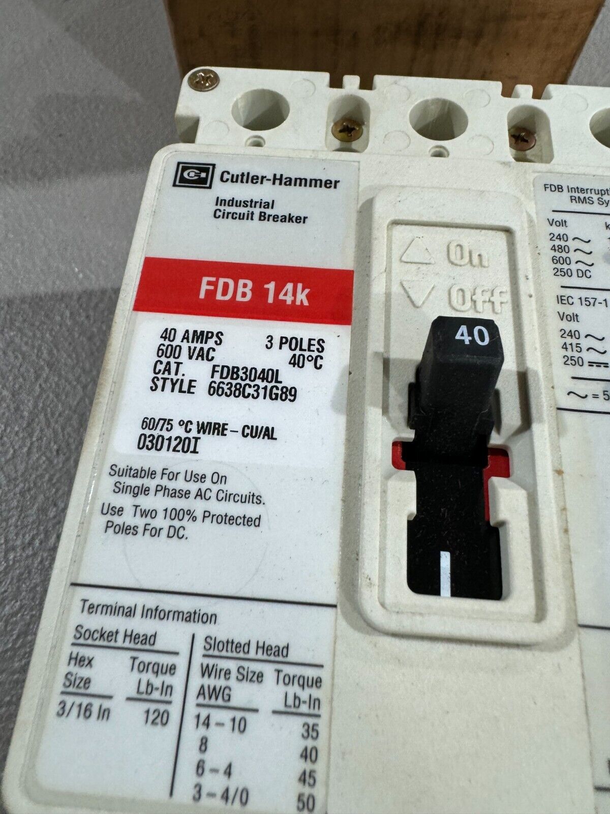 NEW IN BOX CUTLER-HAMMER 3 POLE 40AMP CIRCUIT BREAKER FDB3040L