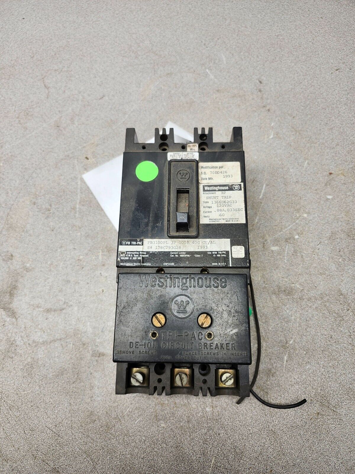 USED Westinghouse Circuit Breaker, 100 amp, 3 poles, 600VAC FB3100PL