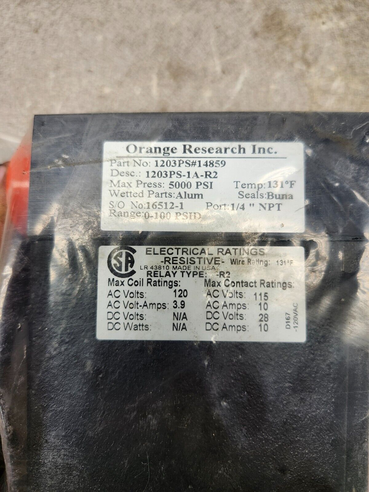 NEW IN BAG ORANGE RESEARCH DIFFERENTIAL PRESSURE INSTRUMENT 1203PS#14859