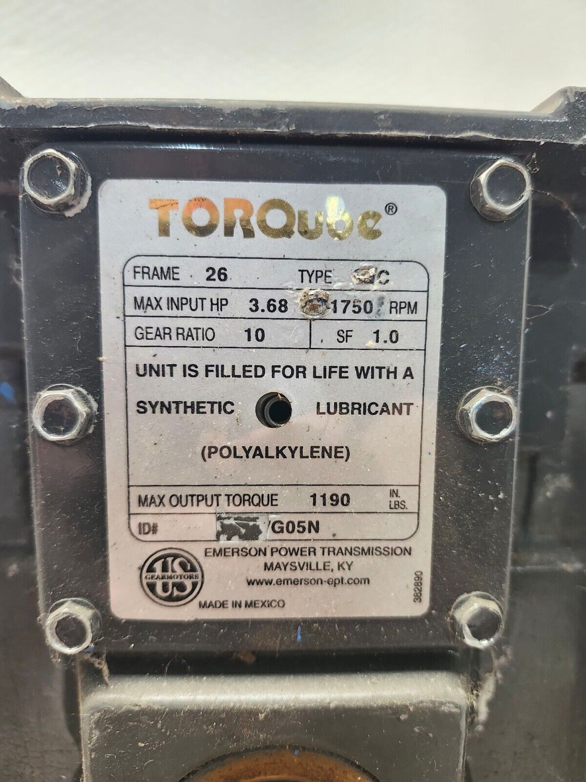 USED Torqube Emerson Power Transmission 26 Frame 1750Rpm 3.68HP E592/G05N