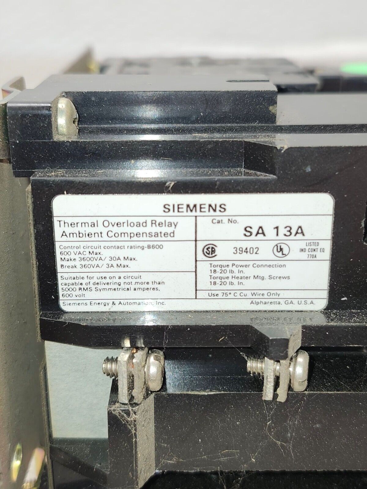 USED SIEMENS NEMA SXL-B0 Starter with Siemens SA 13A Relay 600 vac