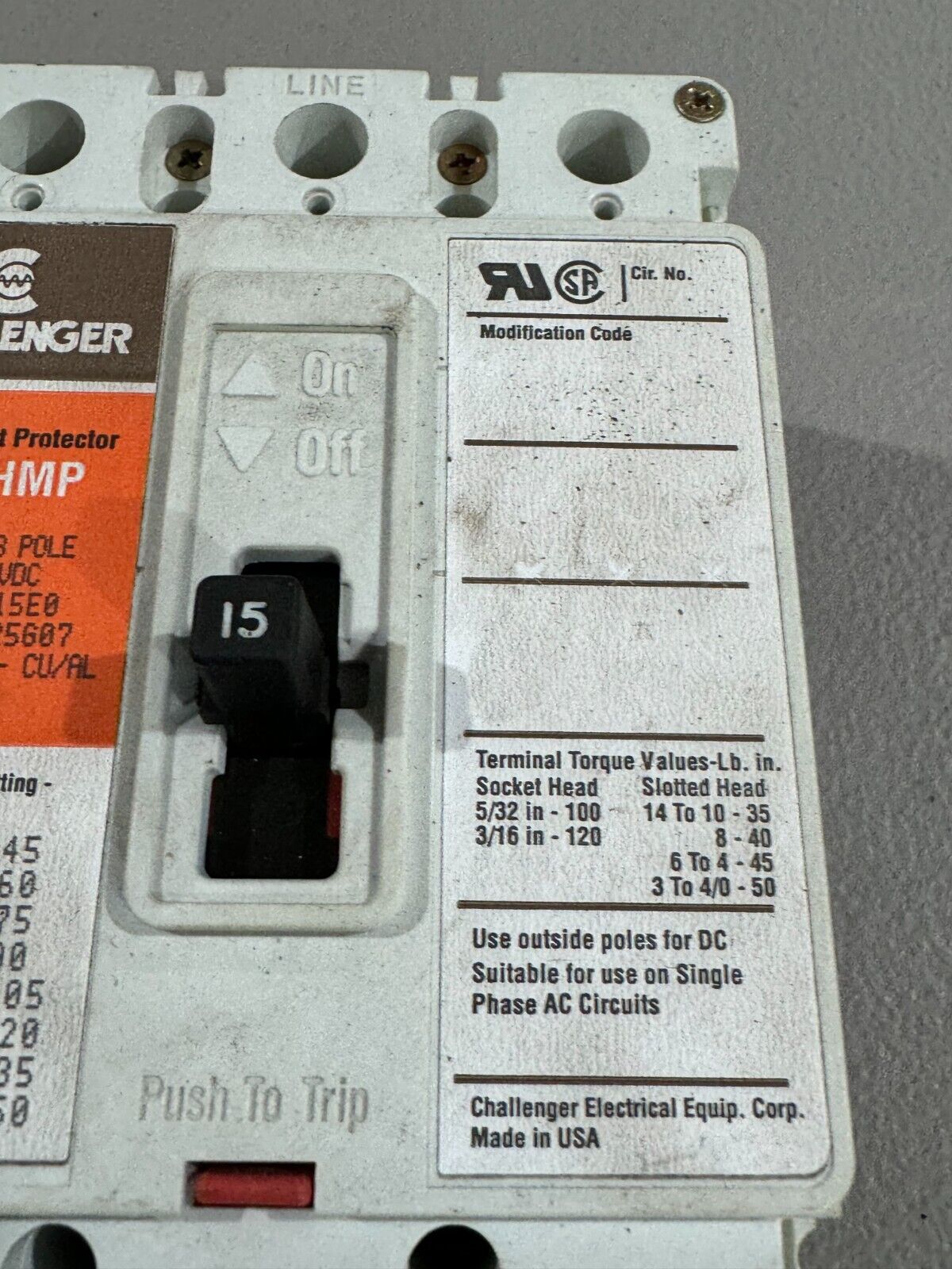 USED CHALLENGER 3 POLE 15AMP CIRCUIT BREAKER CHMP015E0