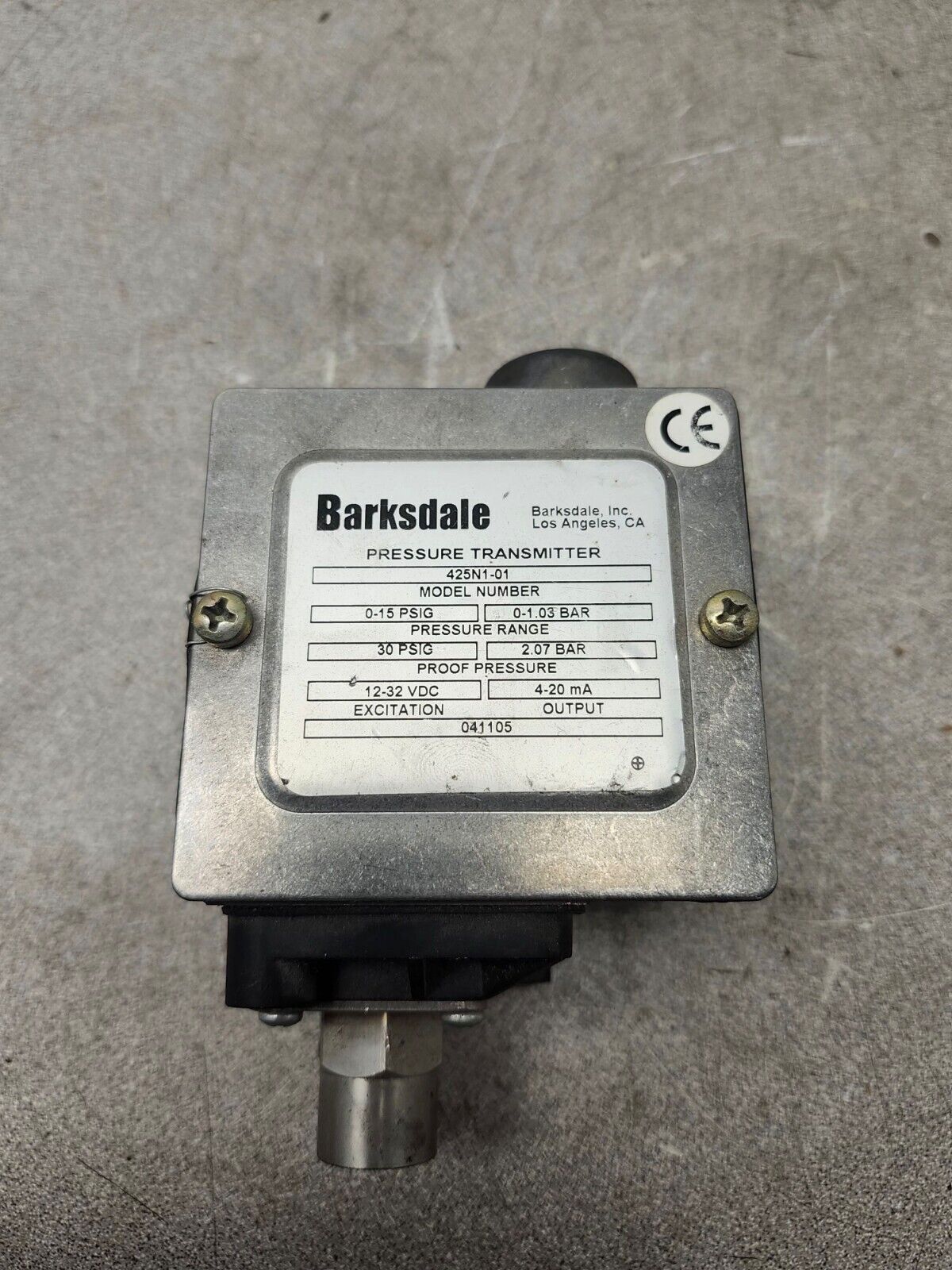 USED Barksdale Pressure Transmitter Transducer 0-15 PSIG,4-20 mA Output 425N1-01