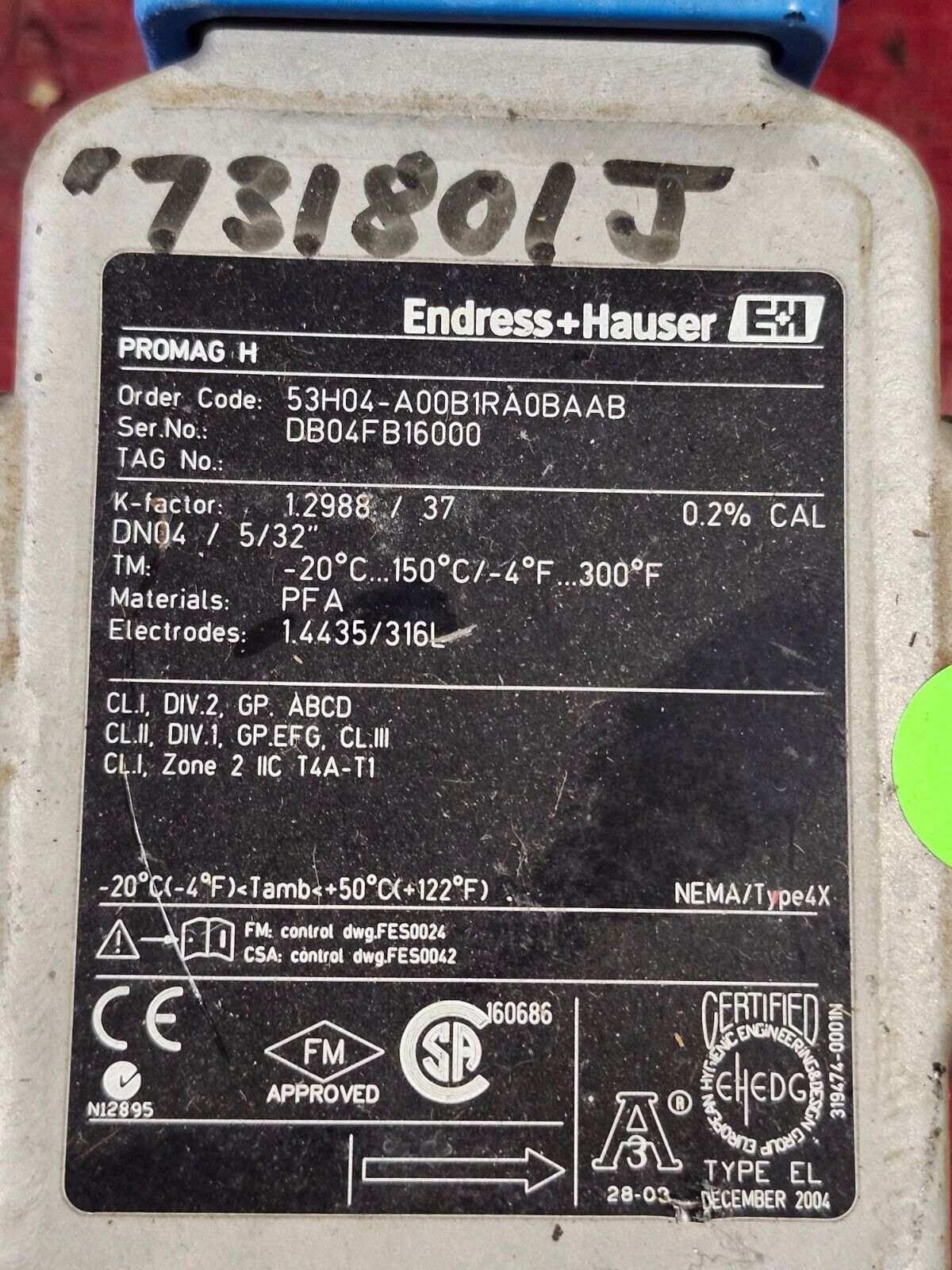 USED ENDRESS + HAUSER FLOW METER 53H04-A00B1RA0BAAB DB04FB16000