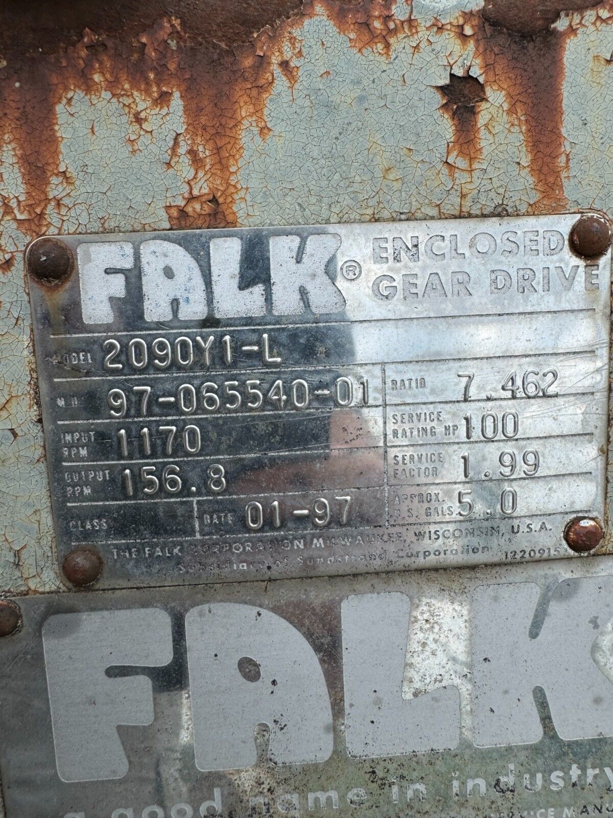 USED FALK ENCLOSED GEAR DRIVE SPEED REDUCER 7.462 RATIO 2090Y1-L