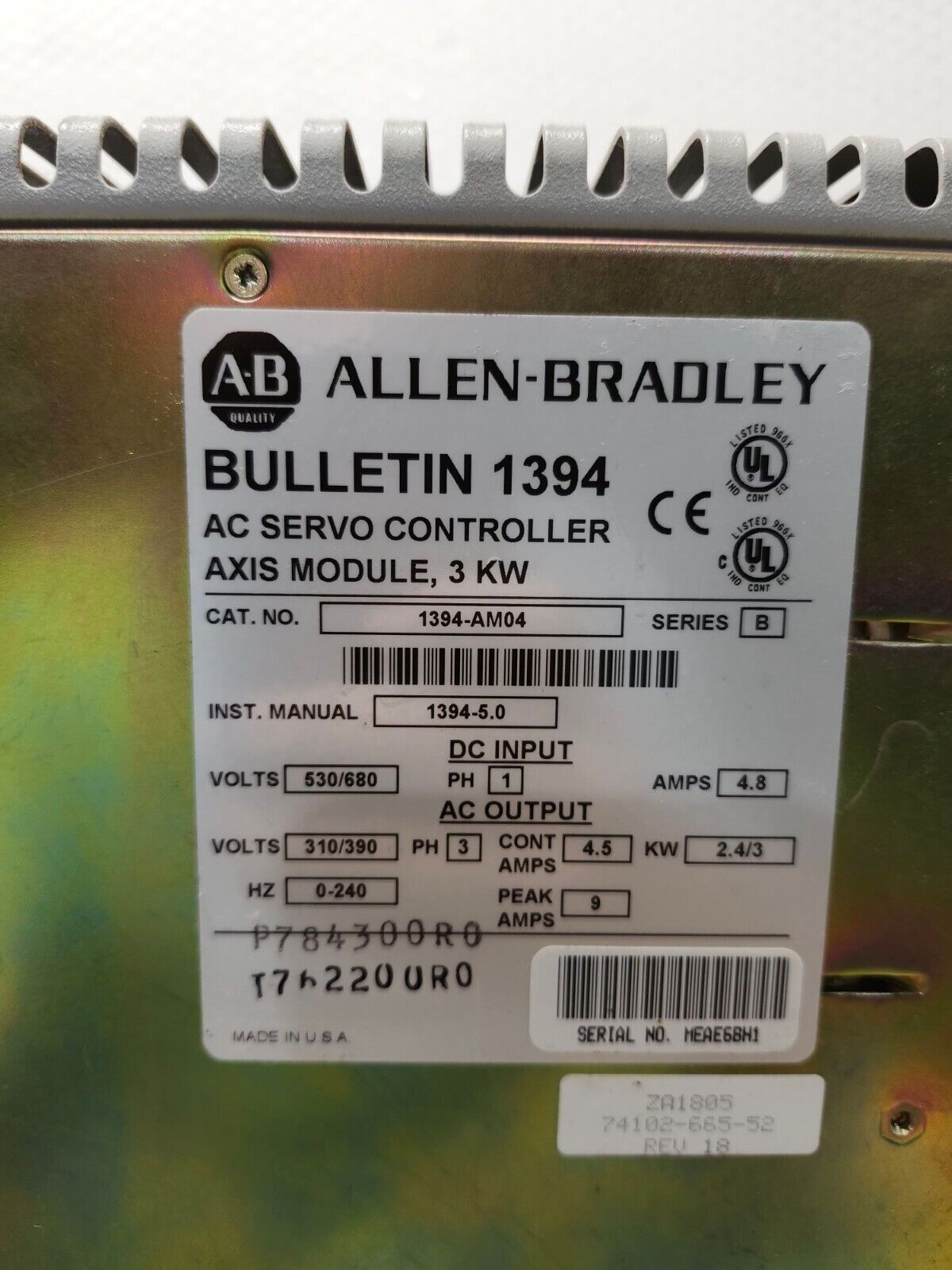 USED ALLEN-BRADLEY AC SERVO CONTROLLER AXIS MODULE 1394-AM04