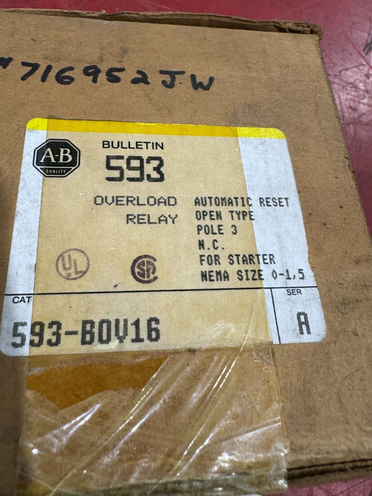 NEW IN BOX ALLEN-BRADLEY 593-B0V16 OVERLOAD RELAY 593-BOV16 SERIES A