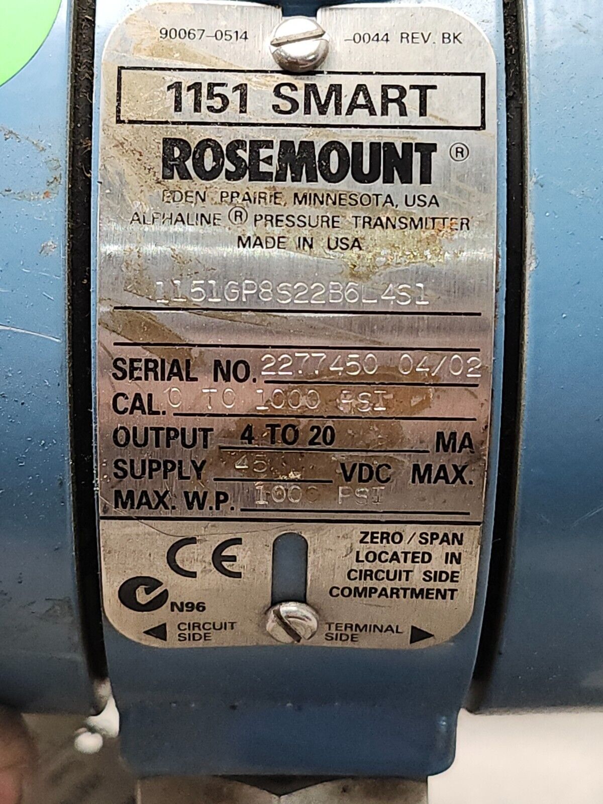 NEW NO BOX Rosemount Gage Pressure Transmitter 1000 PSI 1151GP8S22B6L4S1