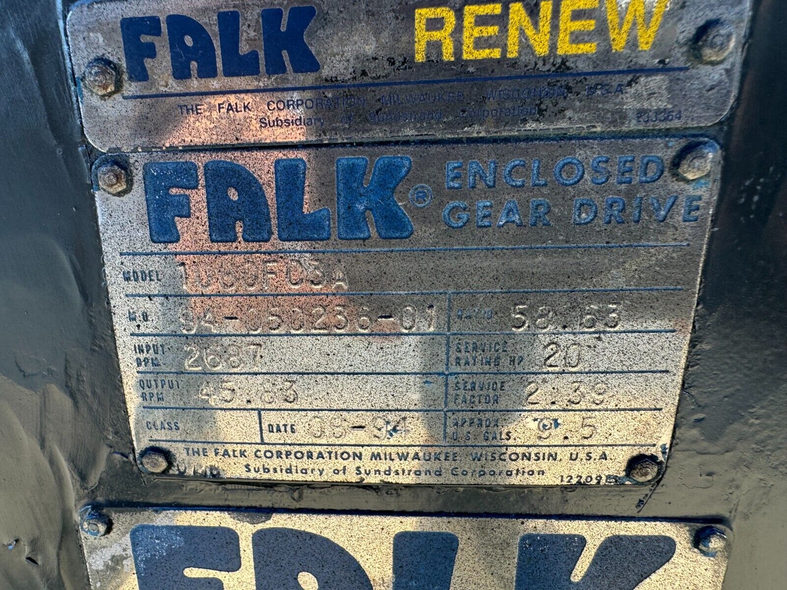 USED FALK ENCLOSED GEAR DRIVE SPEED REDUCER 58.63 RATIO 1080FC3A