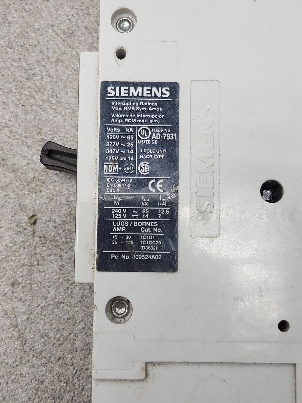 USED SIEMENS NGG1B035 SINGLE POLE 35AMP CIRCUIT BREAKER NGG1B035L