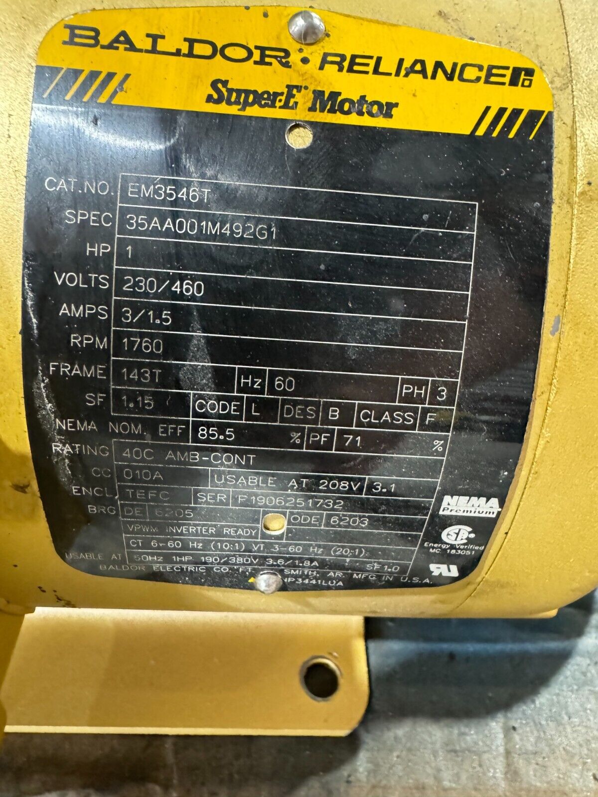 USED BALDOR 1HP 1760RPM 230/460V. SUPER-E MOTOR EM3546T