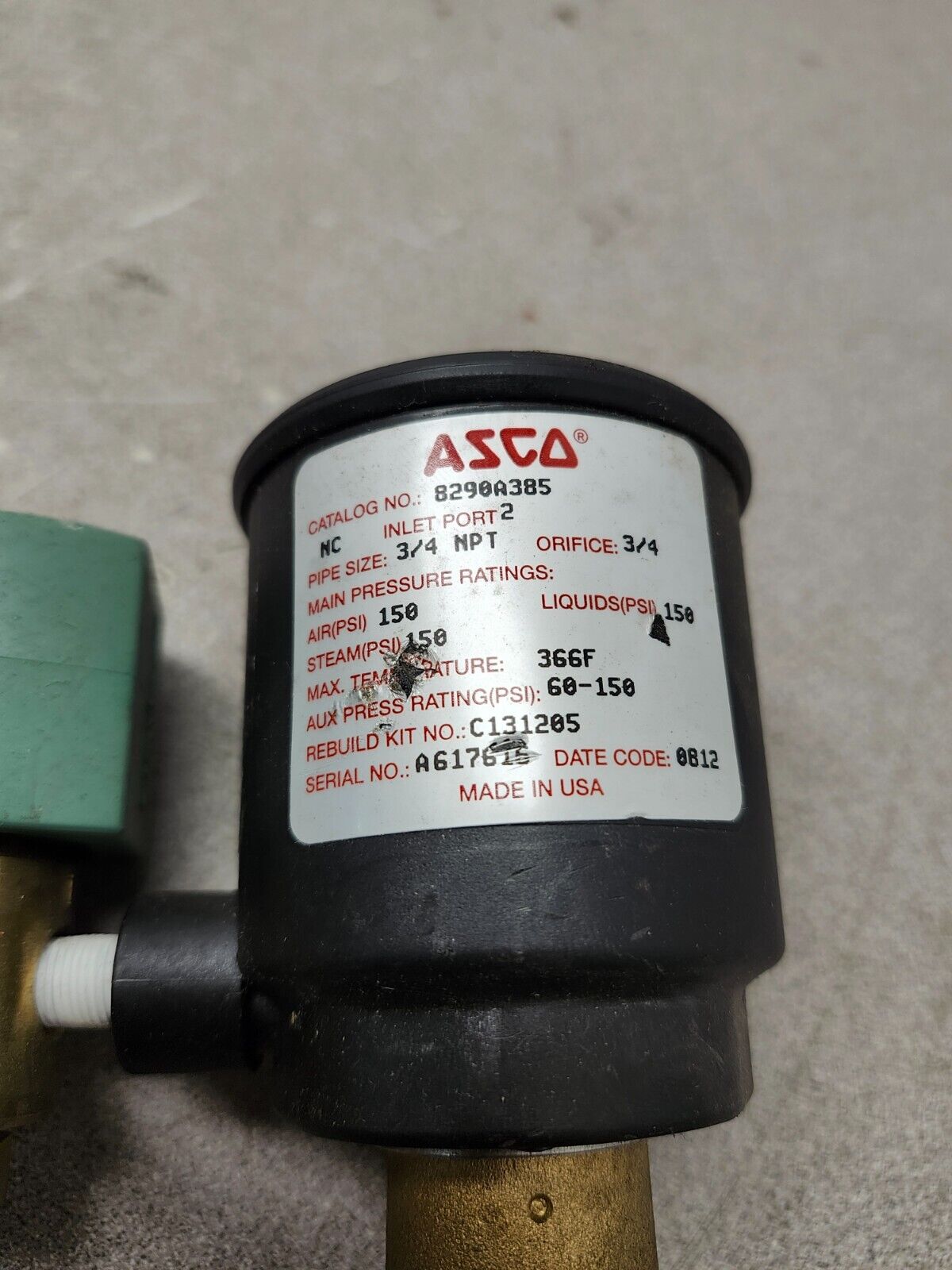 NEW NO BOX ASCO Angle Body Valve, 3/4" 8290A385 W/ ASCO Solenoid Valve 8320G132