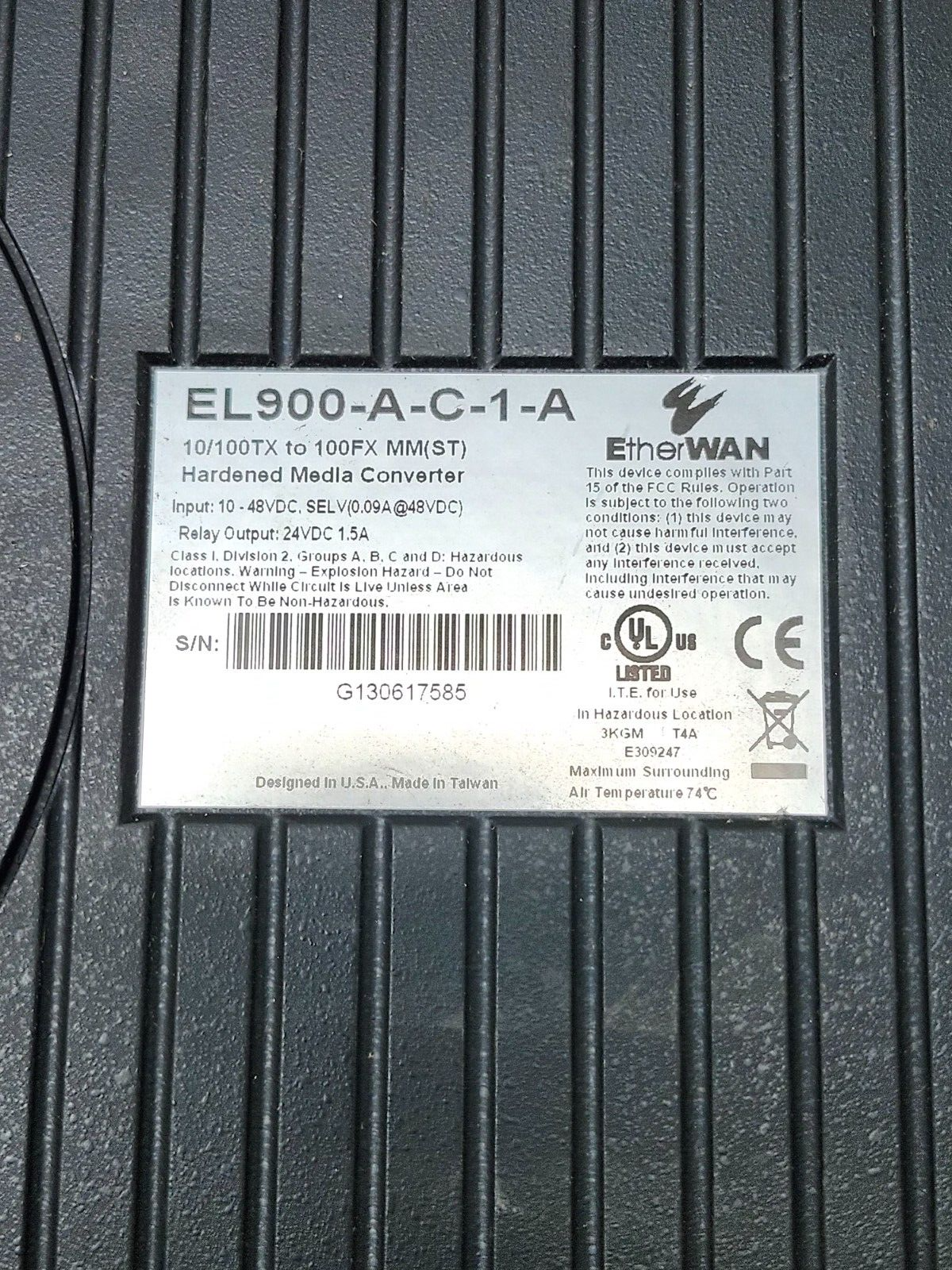 USED ETHERWAN 10/100TX TO 100FX HARDENED MEDIA CONVERTER EL900-A-C-1-A