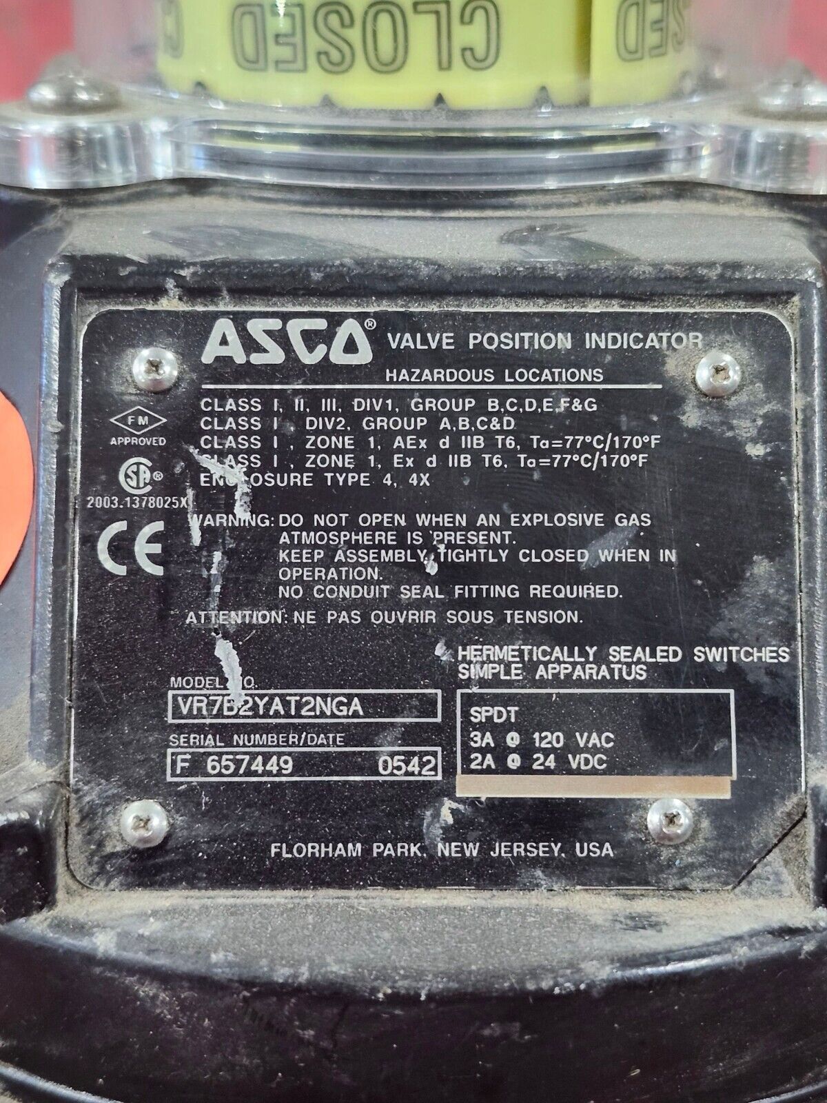 USED ASCO VALVE POSITION INDICATOR VR7B2YAT2NGA