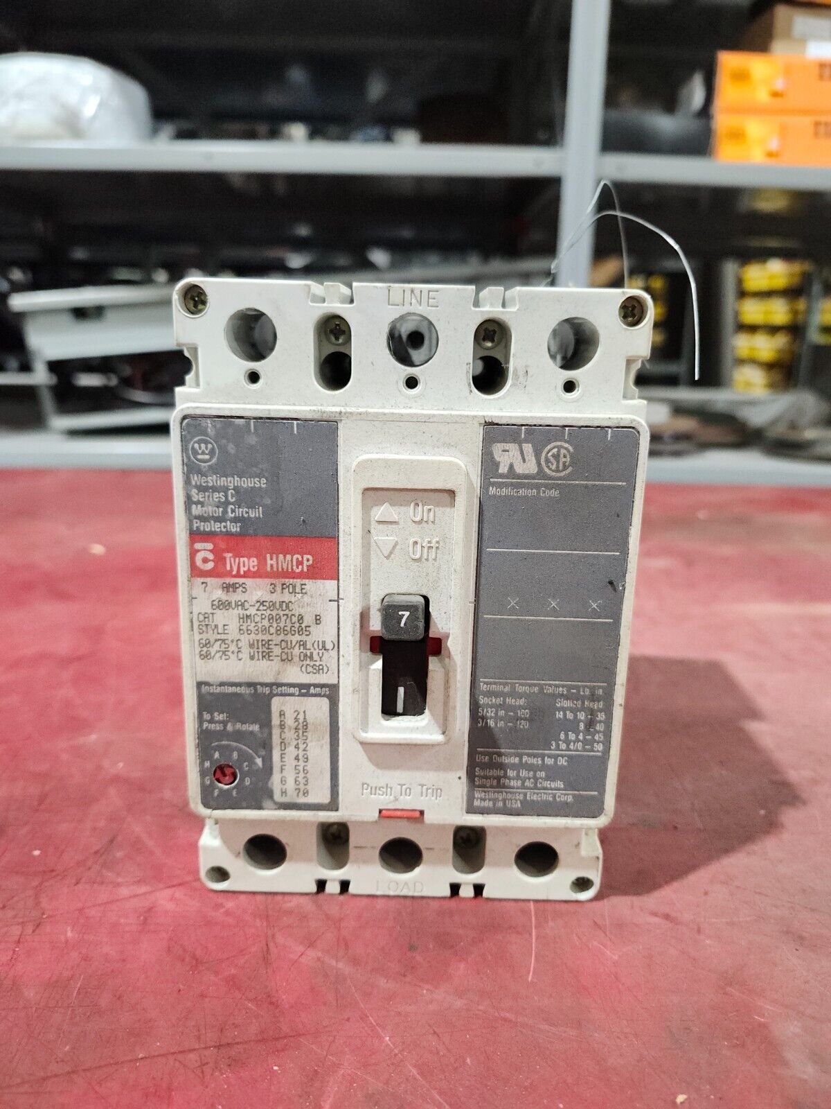 USED Westinghouse Circuit Breaker 7A 600V 3P 600VAC HMCP007C0B