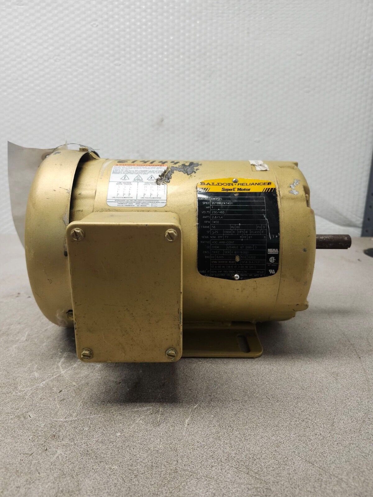 Em3545 USED BALDOR 1HP ELECTRIC MOTOR 230/460V. 3,450RPM SUPER E EM3545