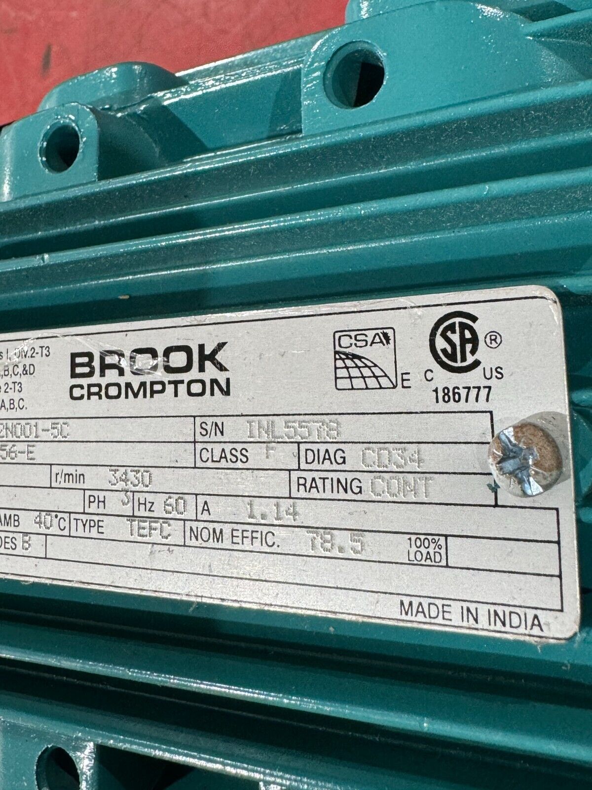 NEW IN BOX BROOK CROMPTON 1HP ELECTRIC MOTOR 575V. 3 PHASE 3430RPM FA2N001-5C